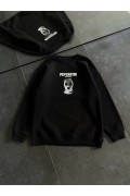 Kadın 3 iplik Kışlık Bisiklet Yaka Baskılı SweatShirt - Siyah
