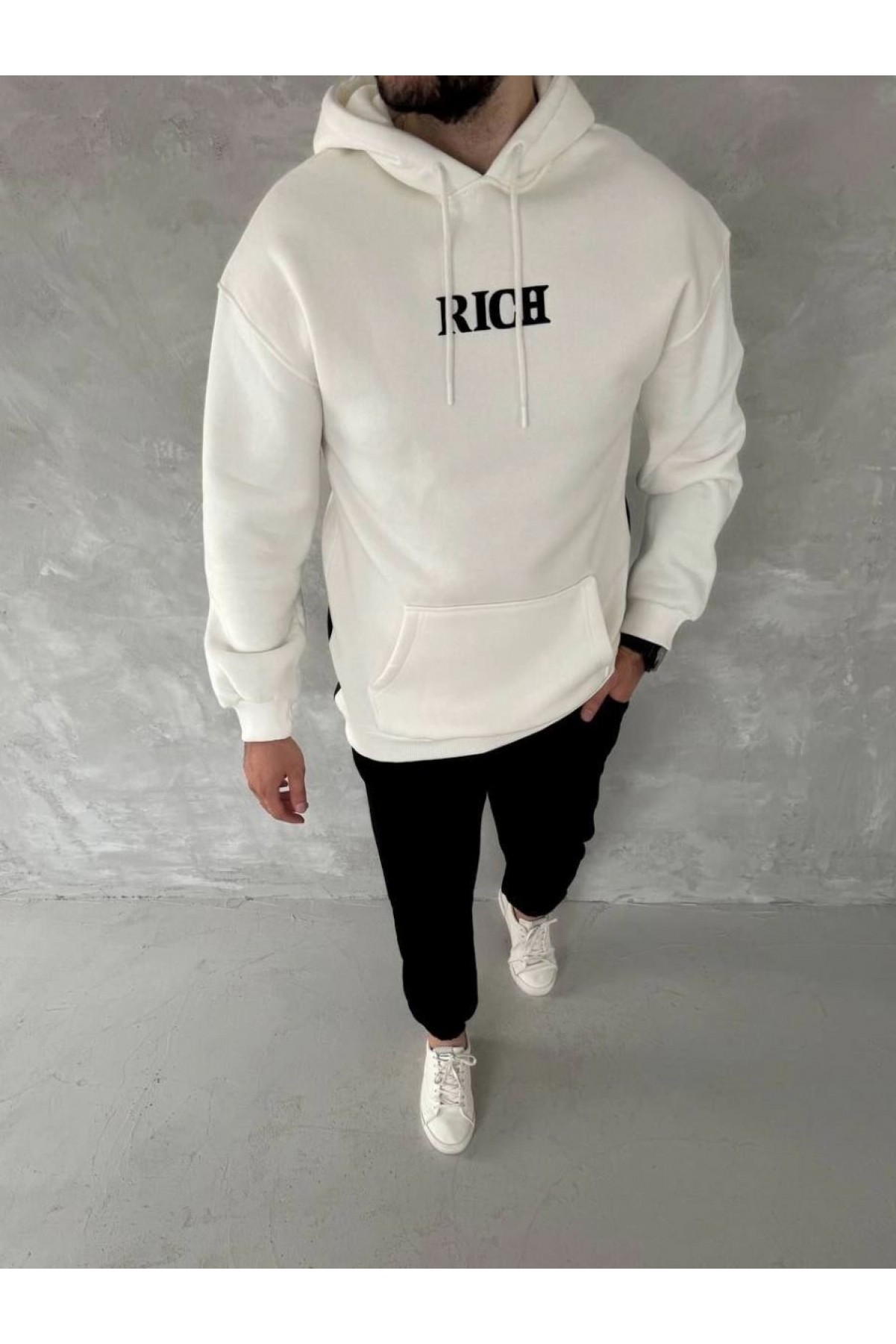 Erkek Kapüşonlu Kanguru Cepli Sweatshirt 3 İplik Pamuklu Baskılı Hoodie -  Beyaz