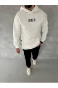 Erkek Kapüşonlu Kanguru Cepli Sweatshirt 3 İplik Pamuklu Baskılı Hoodie -  Beyaz