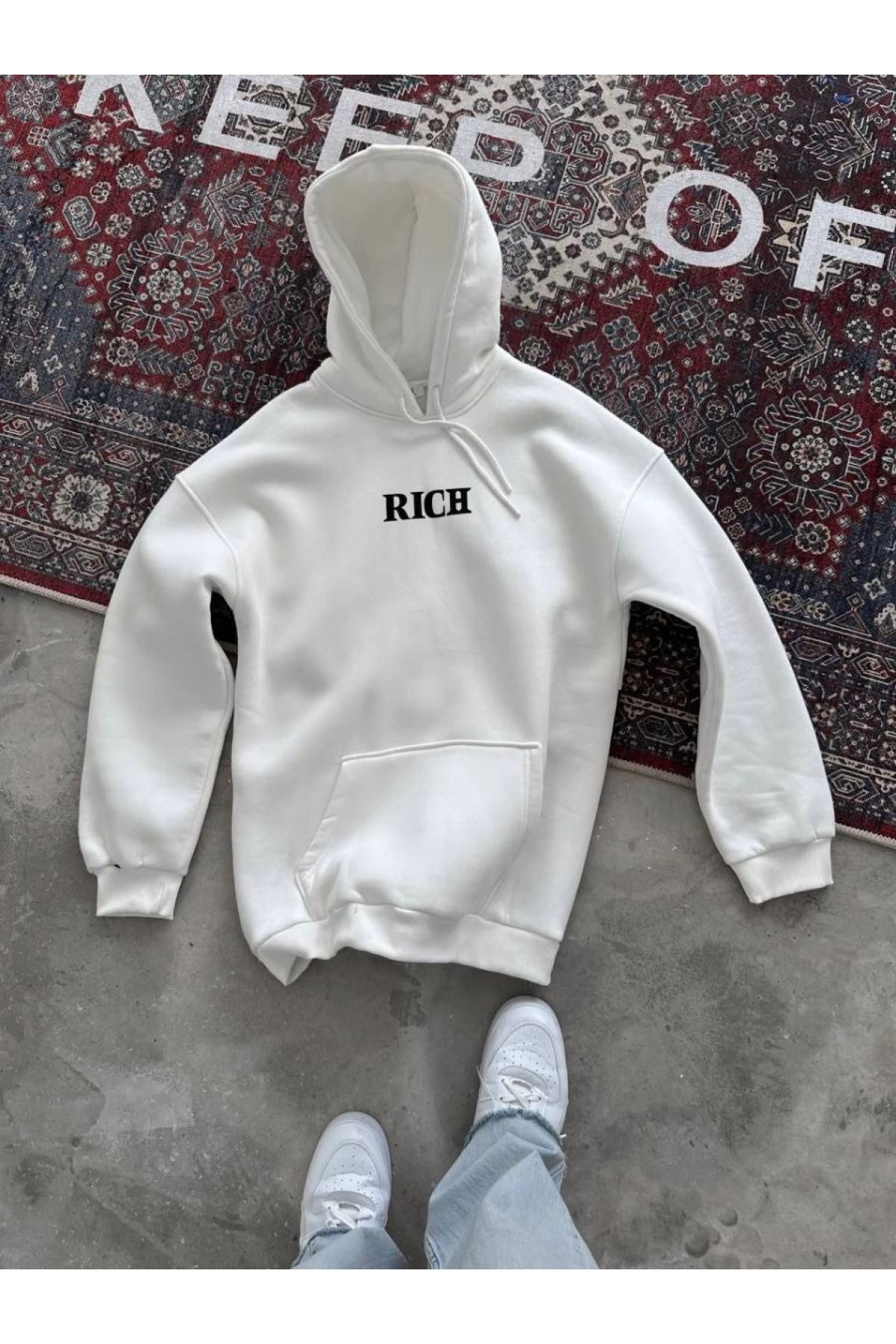 Erkek Kapüşonlu Kanguru Cepli Sweatshirt 3 İplik Pamuklu Baskılı Hoodie -  Beyaz