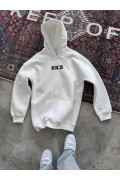 Erkek Kapüşonlu Kanguru Cepli Sweatshirt 3 İplik Pamuklu Baskılı Hoodie -  Beyaz