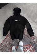 Erkek Kapüşonlu Kanguru Cepli Sweatshirt 3 İplik Pamuklu Baskılı Hoodie -  Siyah