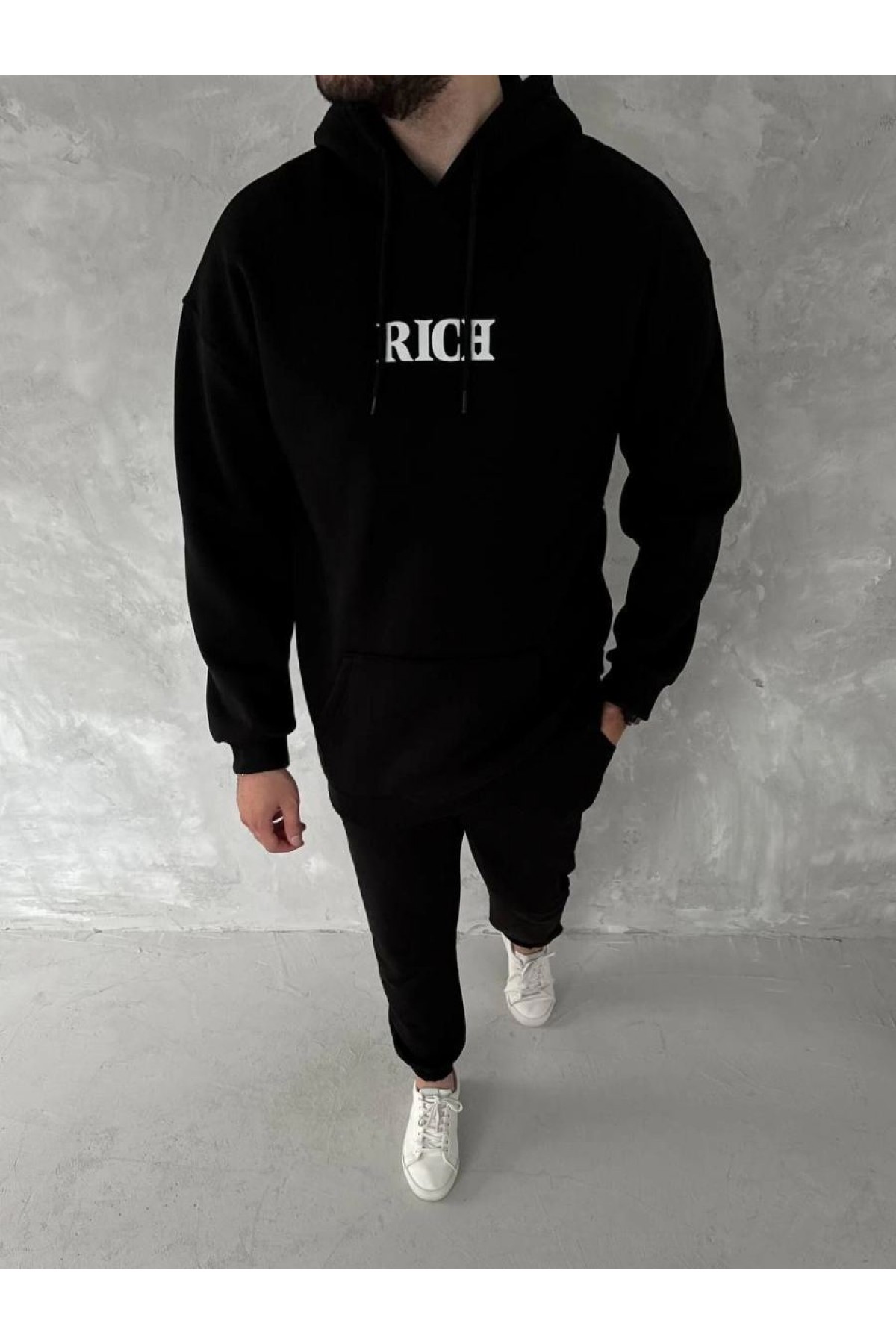 Erkek Kapüşonlu Kanguru Cepli Sweatshirt 3 İplik Pamuklu Baskılı Hoodie -  Siyah