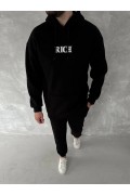 Erkek Kapüşonlu Kanguru Cepli Sweatshirt 3 İplik Pamuklu Baskılı Hoodie -  Siyah