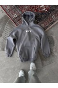 Kadın Kapüşonlu Kanguru Cepli Sweatshirt 3 İplik Pamuklu Baskılı Hoodie - Gri