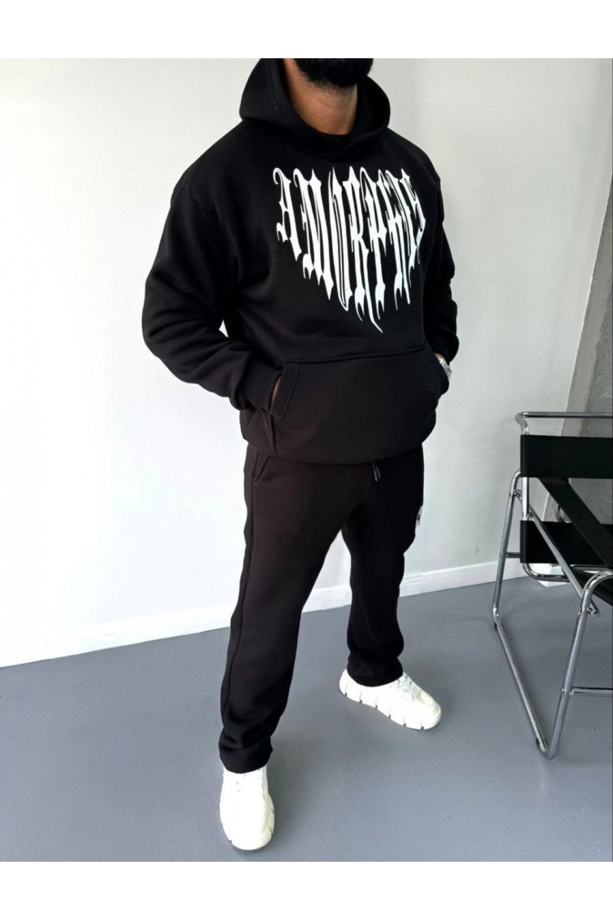 Erkek Kapüşonlu Kanguru Cepli Sweatshirt 3 İplik Pamuklu Baskılı Hoodie -  Siyah