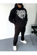 Erkek Kapüşonlu Kanguru Cepli Sweatshirt 3 İplik Pamuklu Baskılı Hoodie -  Siyah