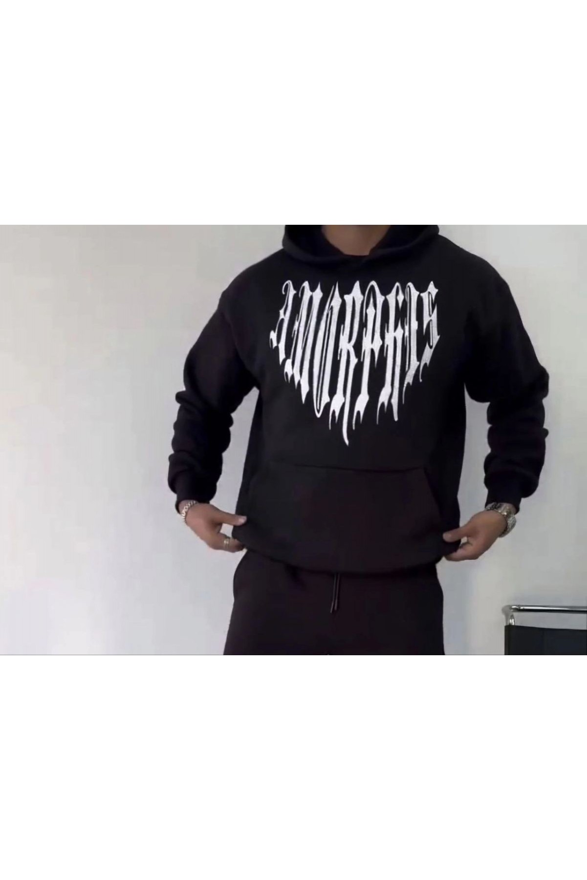Erkek Kapüşonlu Kanguru Cepli Sweatshirt 3 İplik Pamuklu Baskılı Hoodie -  Siyah