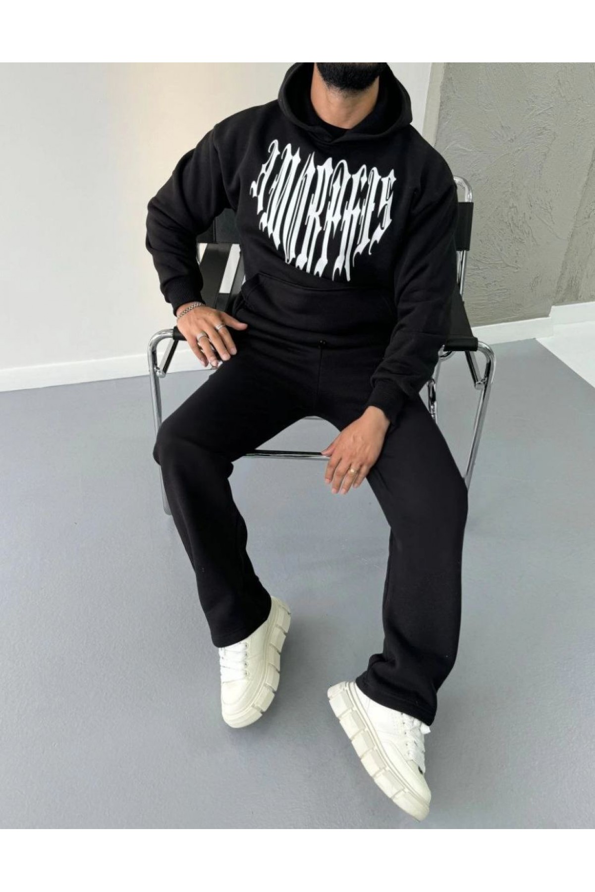 Erkek Kapüşonlu Kanguru Cepli Sweatshirt 3 İplik Pamuklu Baskılı Hoodie -  Siyah