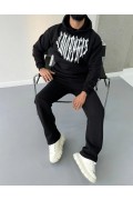 Erkek Kapüşonlu Kanguru Cepli Sweatshirt 3 İplik Pamuklu Baskılı Hoodie -  Siyah