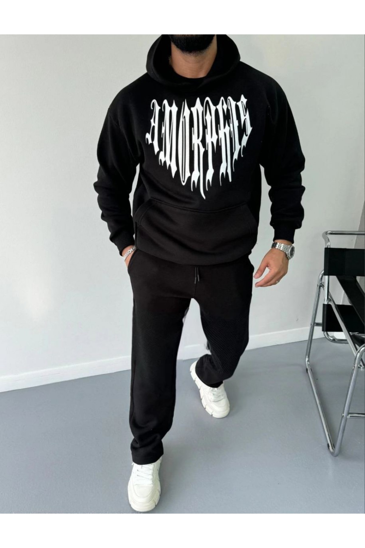 Erkek Kapüşonlu Kanguru Cepli Sweatshirt 3 İplik Pamuklu Baskılı Hoodie -  Siyah