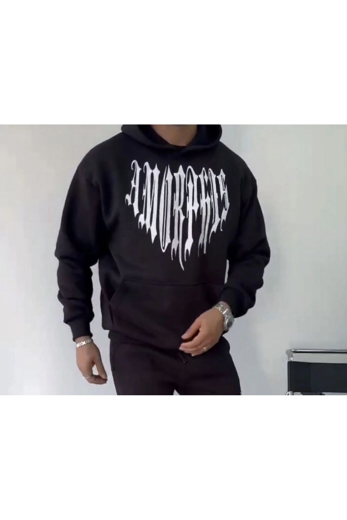 Erkek Kapüşonlu Kanguru Cepli Sweatshirt 3 İplik Pamuklu Baskılı Hoodie -  Siyah