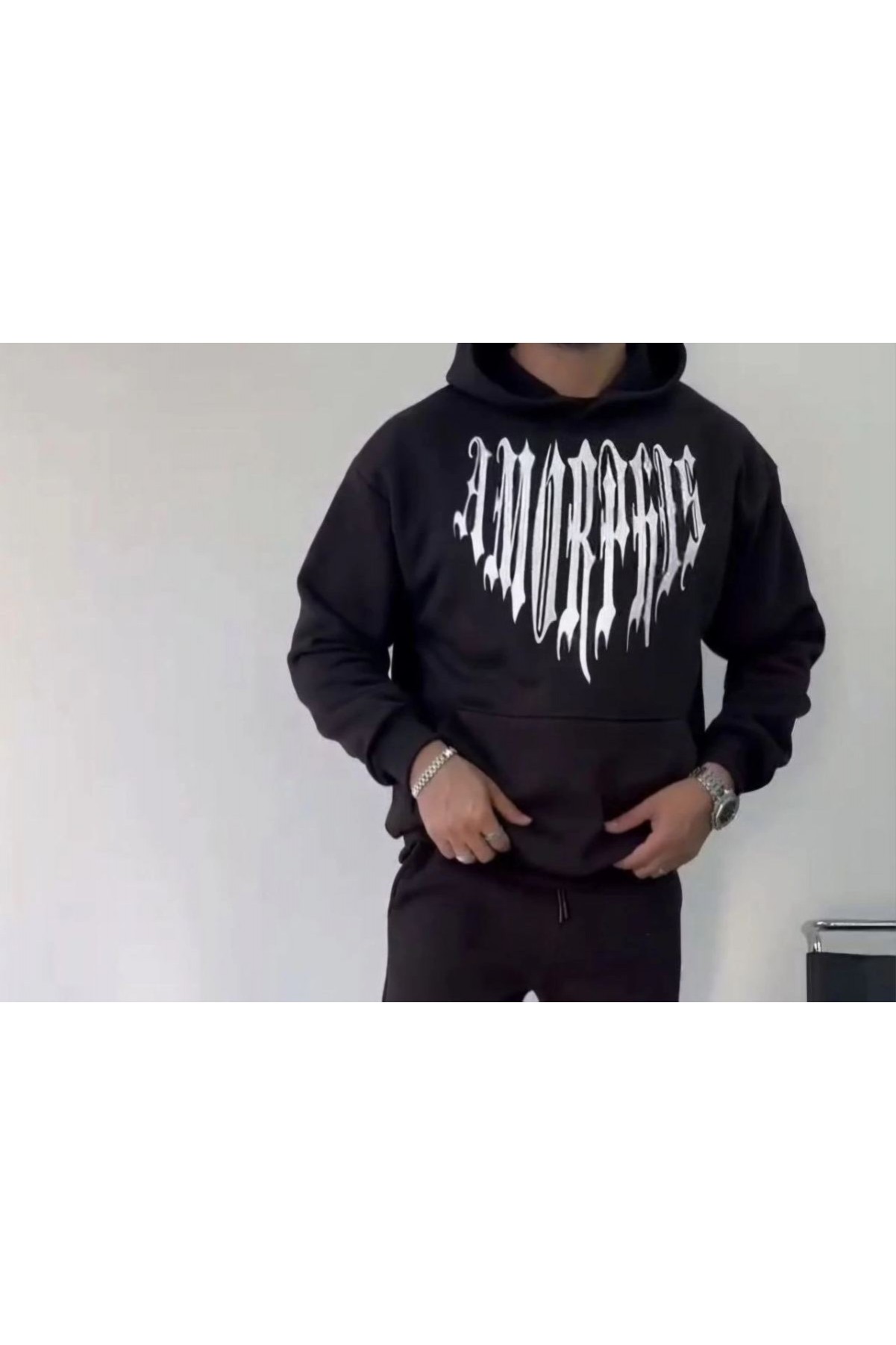 Erkek Kapüşonlu Kanguru Cepli Sweatshirt 3 İplik Pamuklu Baskılı Hoodie -  Siyah