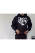 Erkek Kapüşonlu Kanguru Cepli Sweatshirt 3 İplik Pamuklu Baskılı Hoodie -  Siyah