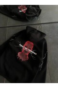 Kadın Kapüşonlu Kanguru Cepli Sweatshirt 3 İplik Pamuklu Baskılı Hoodie - Siyah