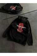 Kadın Kapüşonlu Kanguru Cepli Sweatshirt 3 İplik Pamuklu Baskılı Hoodie - Siyah