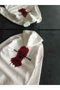 Kadın Kapüşonlu Kanguru Cepli Sweatshirt 3 İplik Pamuklu Baskılı Hoodie - Beyaz