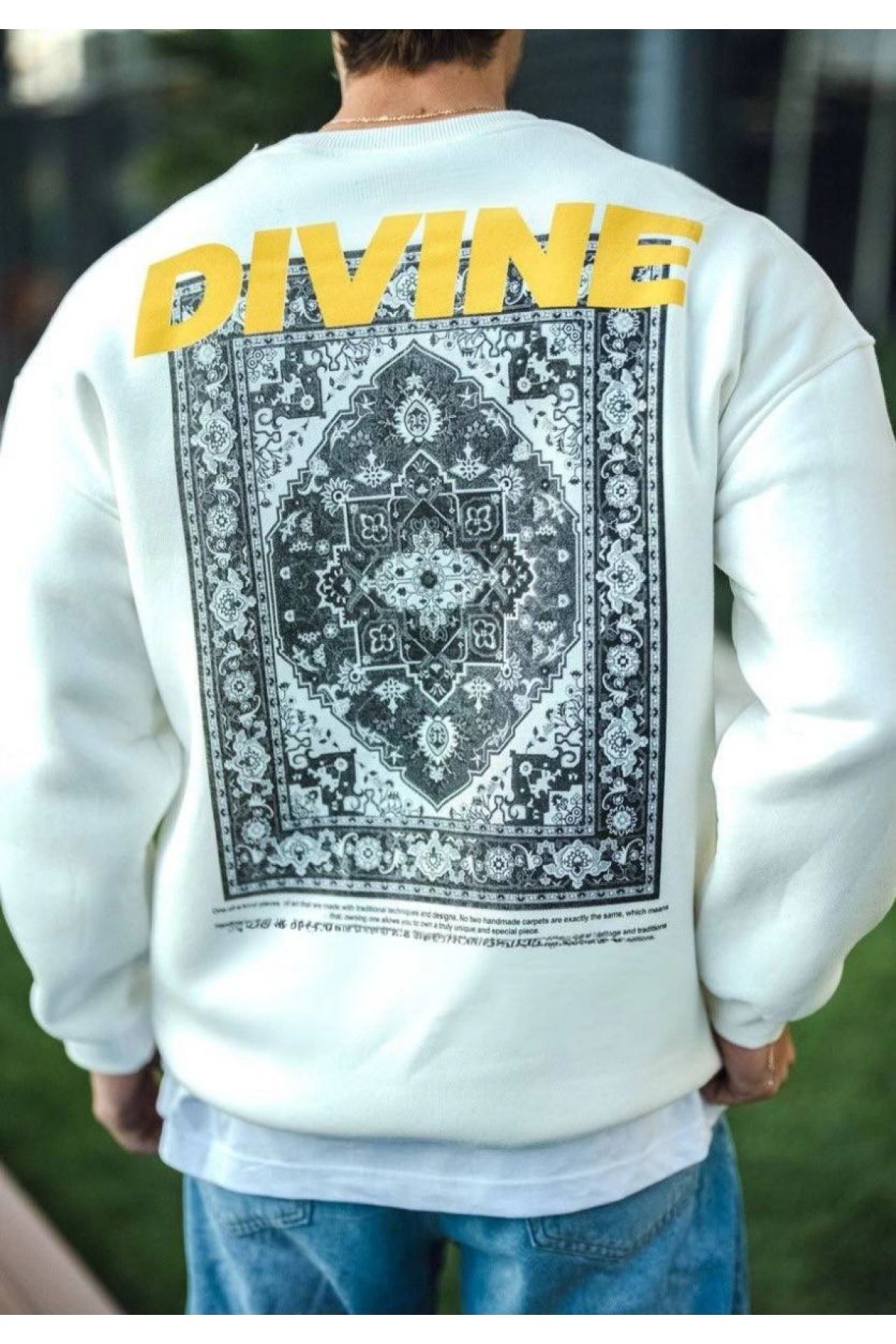 Erkek 3 iplik pamuklu Kışlık Bisiklet Yaka Baskılı SweatShirt - Beyaz