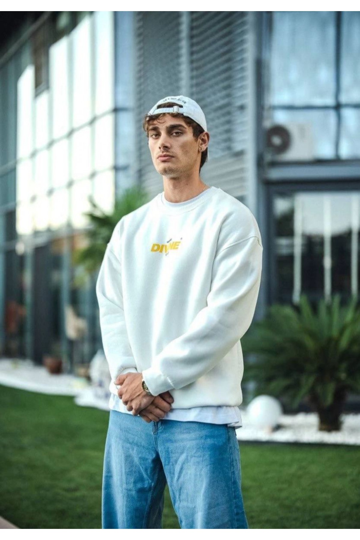 Erkek 3 iplik pamuklu Kışlık Bisiklet Yaka Baskılı SweatShirt - Beyaz