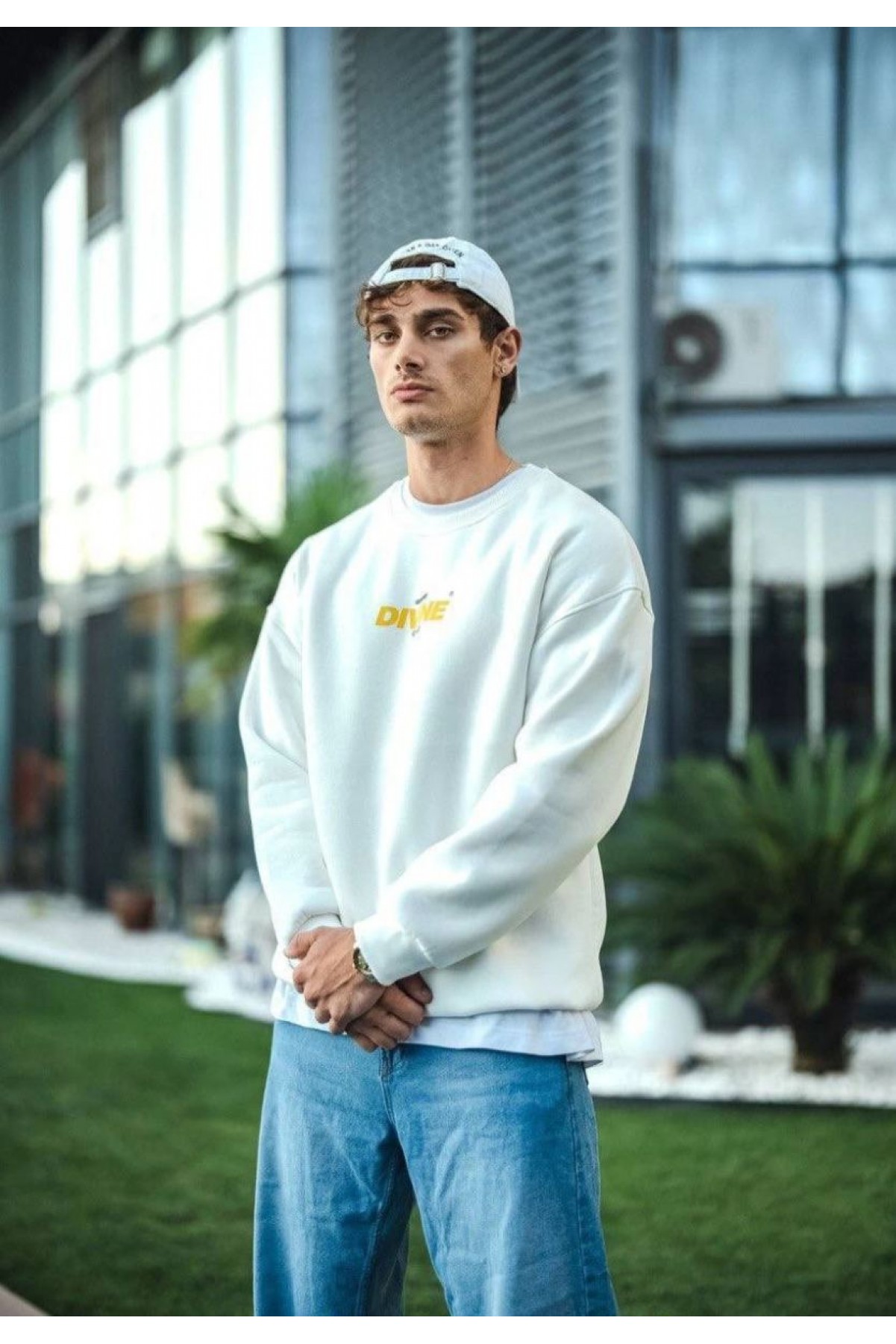 Erkek 3 iplik pamuklu Kışlık Bisiklet Yaka Baskılı SweatShirt - Beyaz