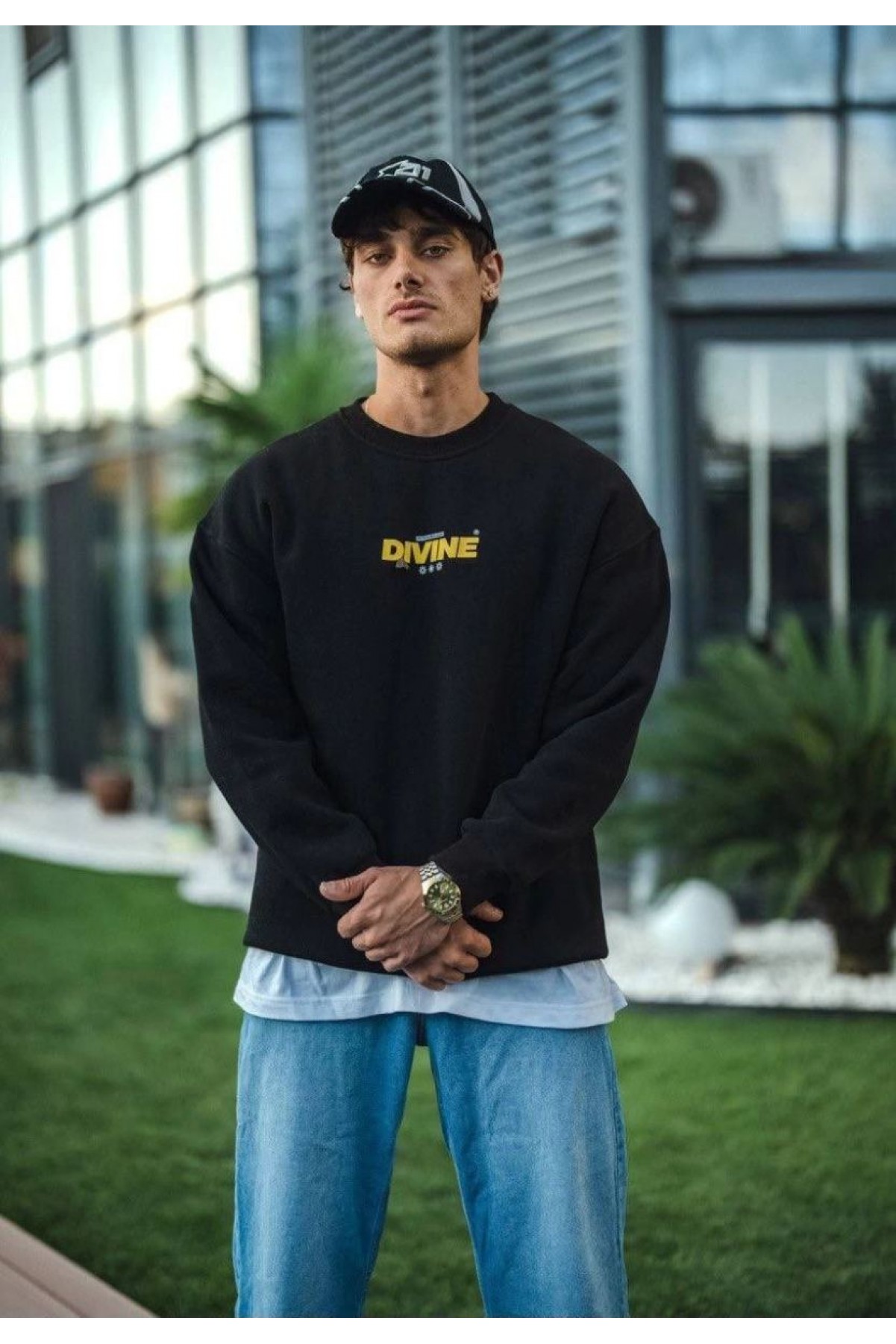 Erkek 3 iplik pamuklu Kışlık Bisiklet Yaka Baskılı SweatShirt - Siyah