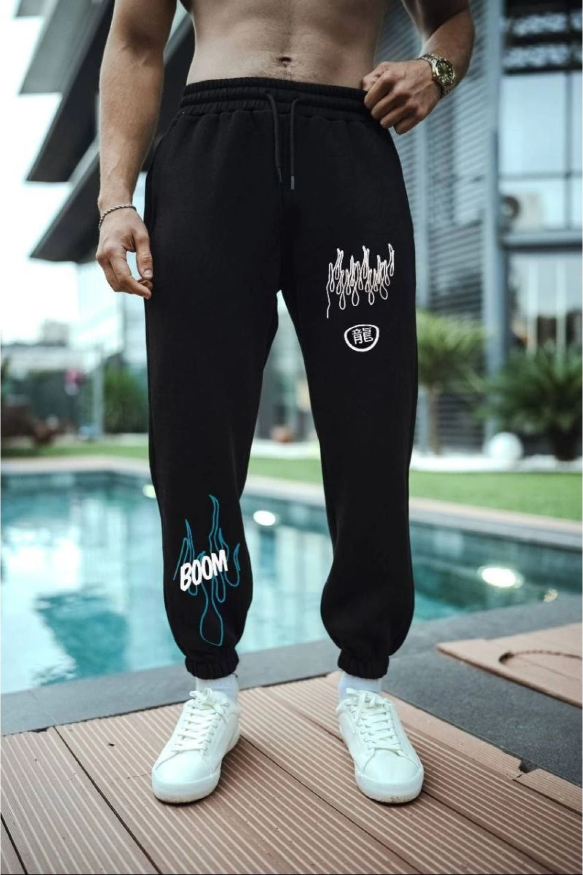 Erkek Kışlık Üç İplik Baskılı Eşofman Pantolon - Siyah
