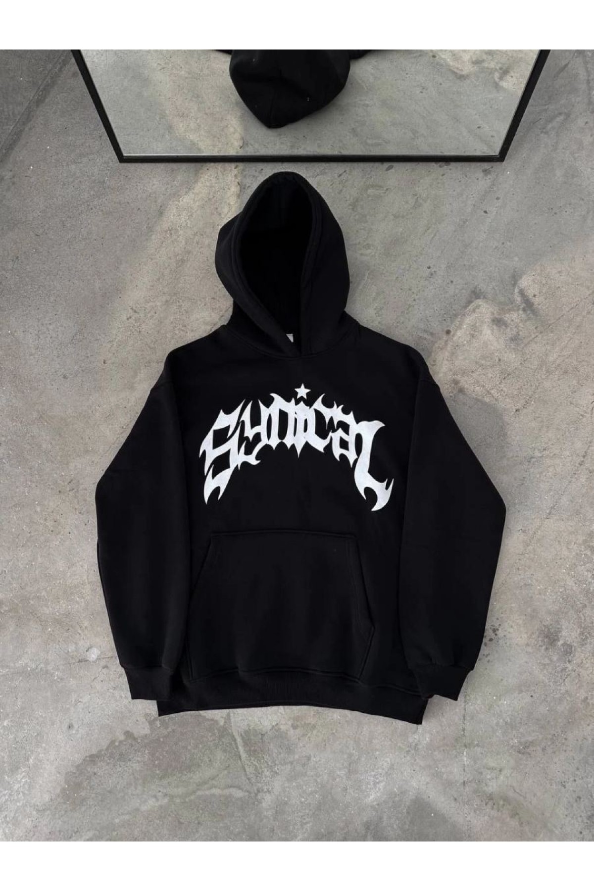 Kadın Kapüşonlu Kanguru Cepli Sweatshirt 3 İplik Pamuklu Baskılı Hoodie -  Siyah