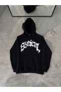 Kadın Kapüşonlu Kanguru Cepli Sweatshirt 3 İplik Pamuklu Baskılı Hoodie -  Siyah