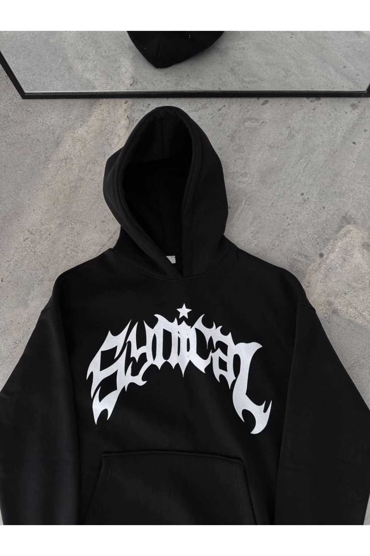 Kadın Kapüşonlu Kanguru Cepli Sweatshirt 3 İplik Pamuklu Baskılı Hoodie -  Siyah