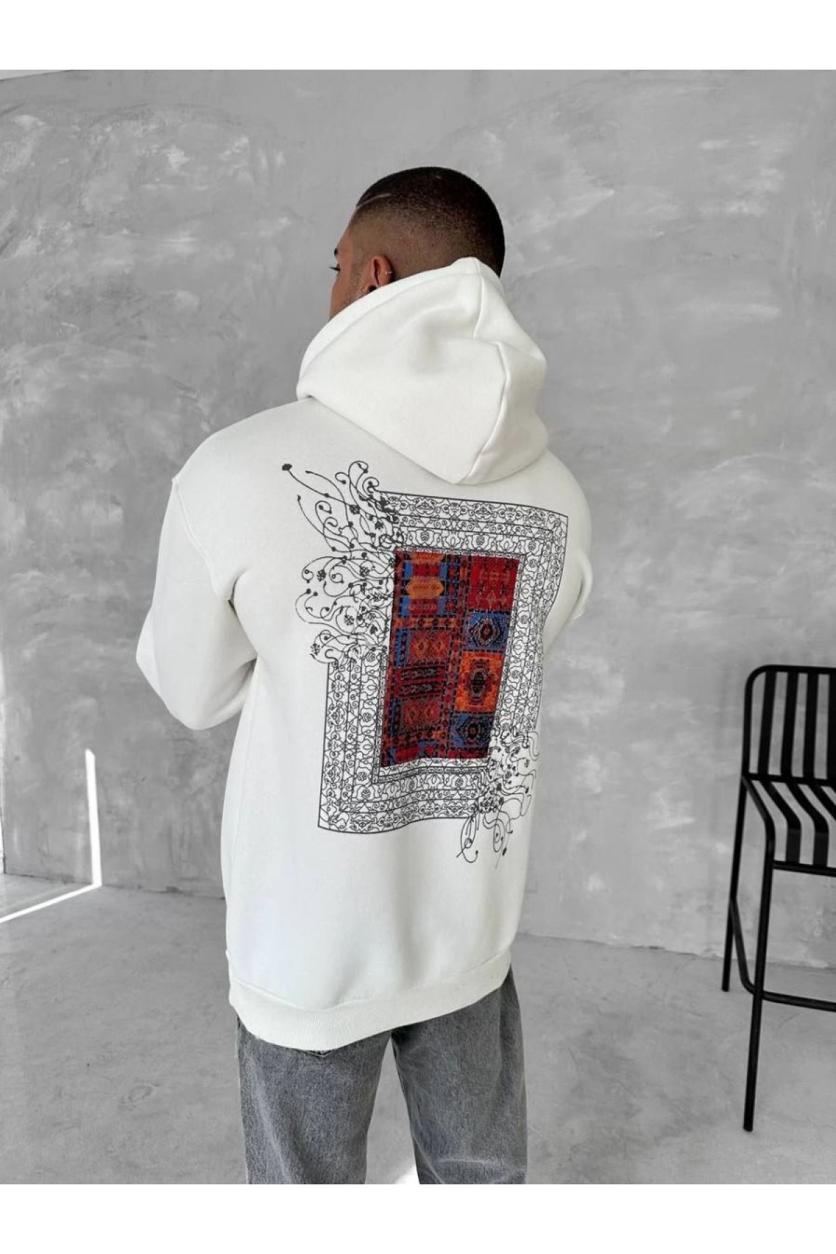 Erkek Kapüşonlu Kanguru Cepli Sweatshirt 3 İplik Pamuklu Baskılı Hoodie - Beyaz