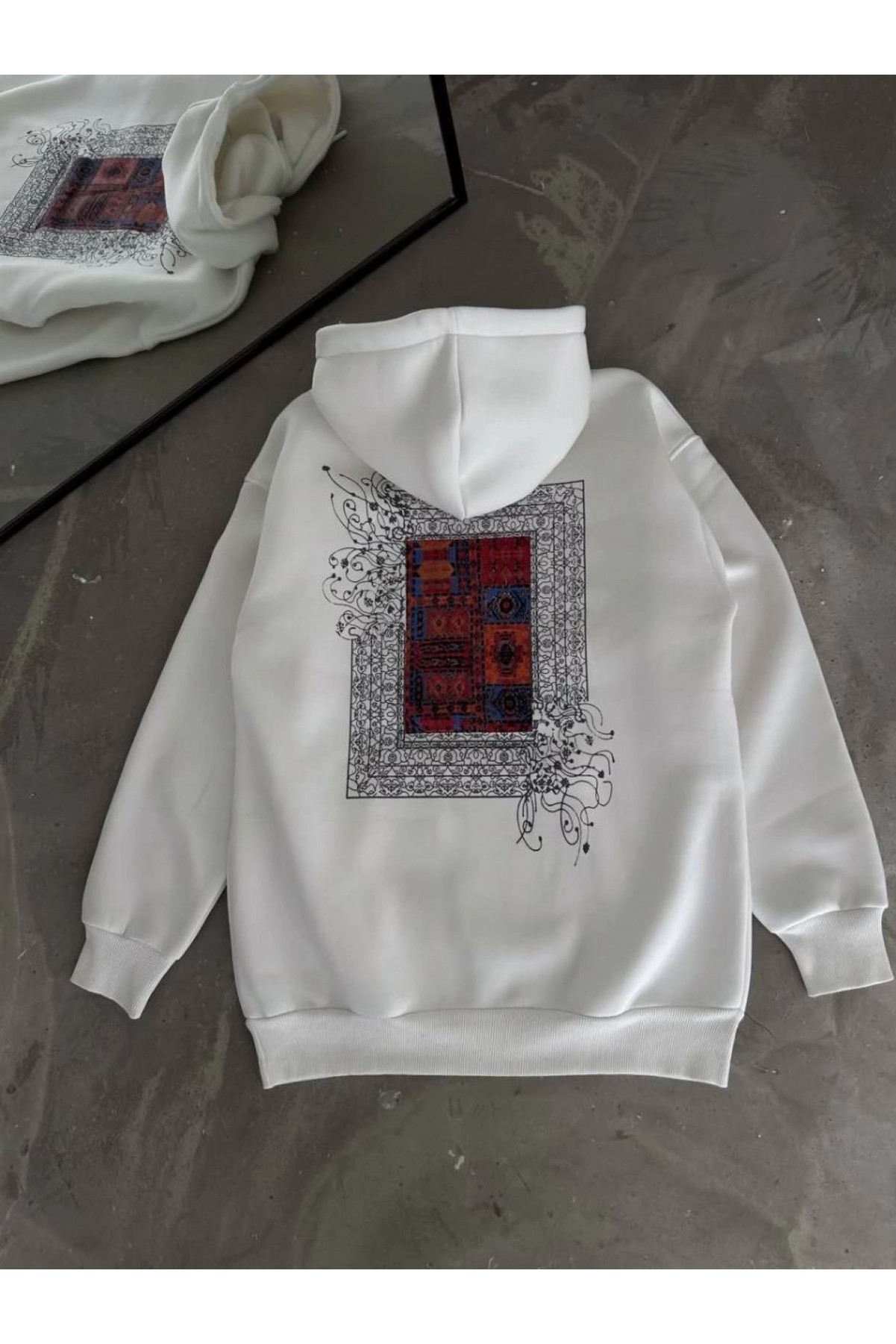 Erkek Kapüşonlu Kanguru Cepli Sweatshirt 3 İplik Pamuklu Baskılı Hoodie - Beyaz