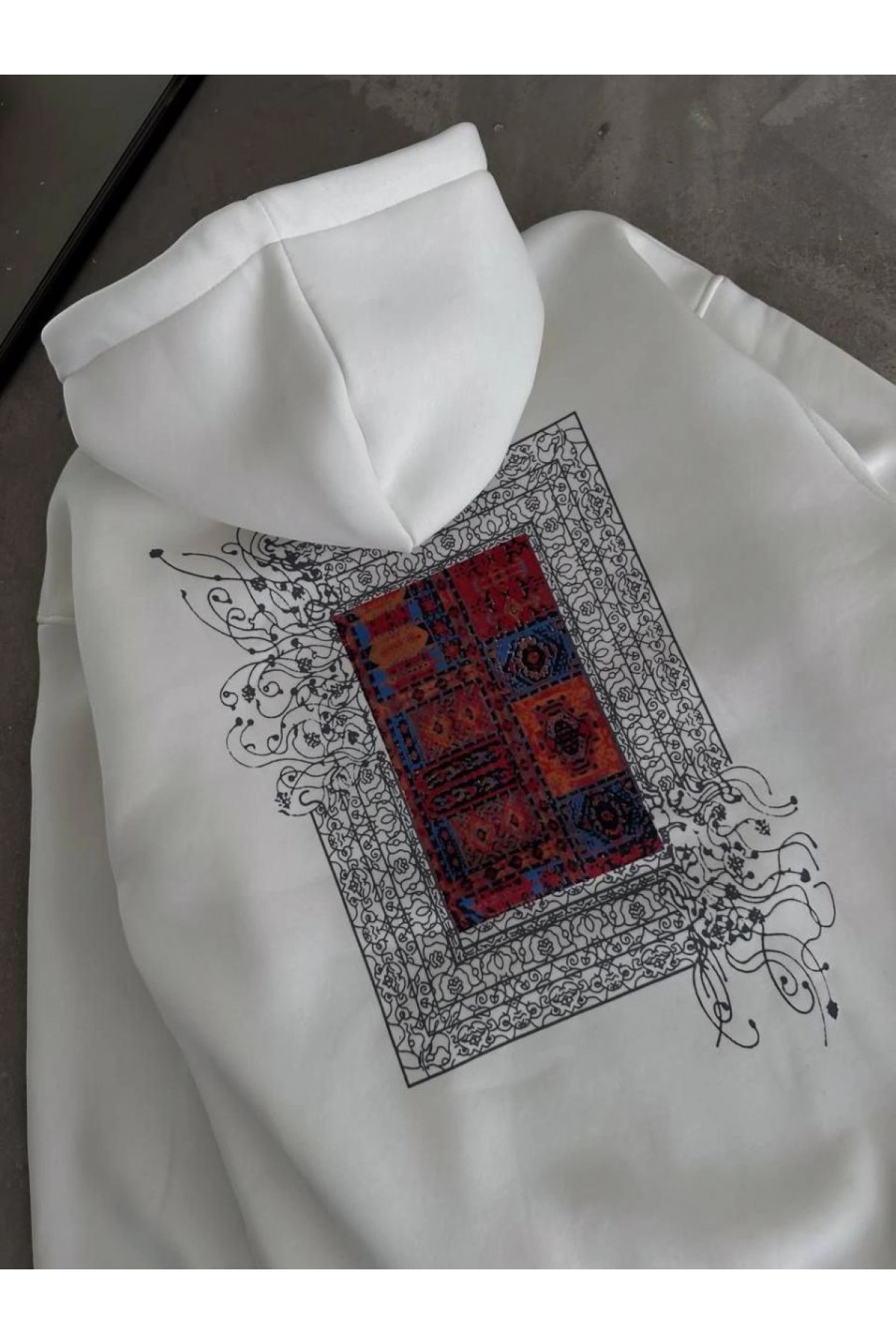 Erkek Kapüşonlu Kanguru Cepli Sweatshirt 3 İplik Pamuklu Baskılı Hoodie - Beyaz