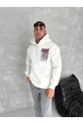 Erkek Kapüşonlu Kanguru Cepli Sweatshirt 3 İplik Pamuklu Baskılı Hoodie - Beyaz