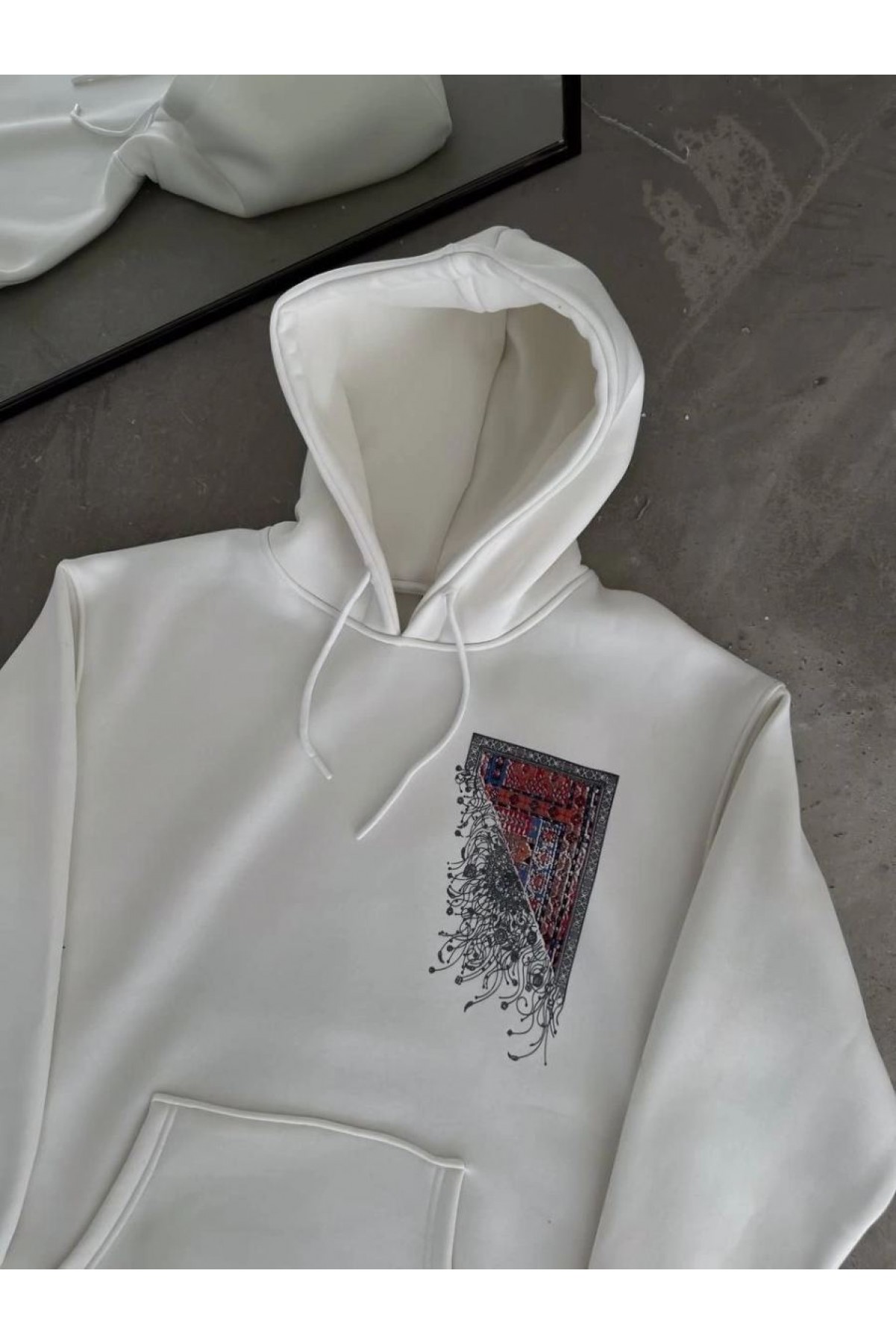 Erkek Kapüşonlu Kanguru Cepli Sweatshirt 3 İplik Pamuklu Baskılı Hoodie - Beyaz