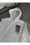 Erkek Kapüşonlu Kanguru Cepli Sweatshirt 3 İplik Pamuklu Baskılı Hoodie - Beyaz