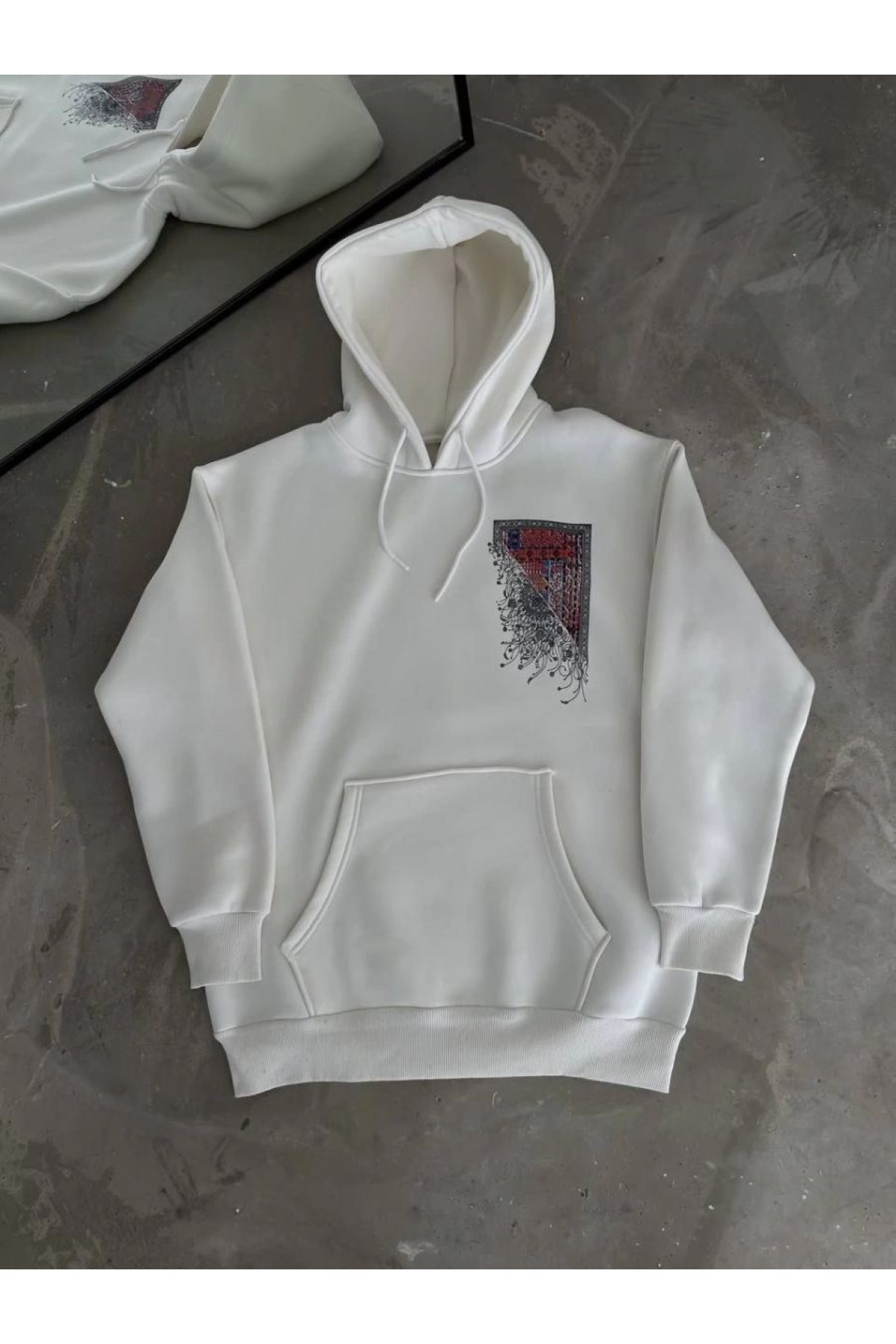 Erkek Kapüşonlu Kanguru Cepli Sweatshirt 3 İplik Pamuklu Baskılı Hoodie - Beyaz