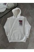 Erkek Kapüşonlu Kanguru Cepli Sweatshirt 3 İplik Pamuklu Baskılı Hoodie - Beyaz