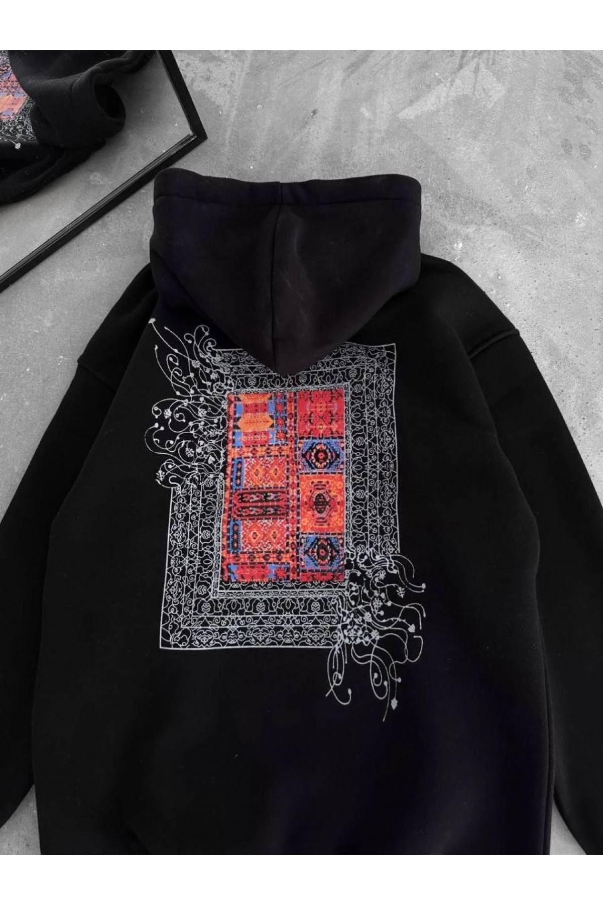 Erkek Kapüşonlu Kanguru Cepli Sweatshirt 3 İplik Pamuklu Baskılı Hoodie - Siyah
