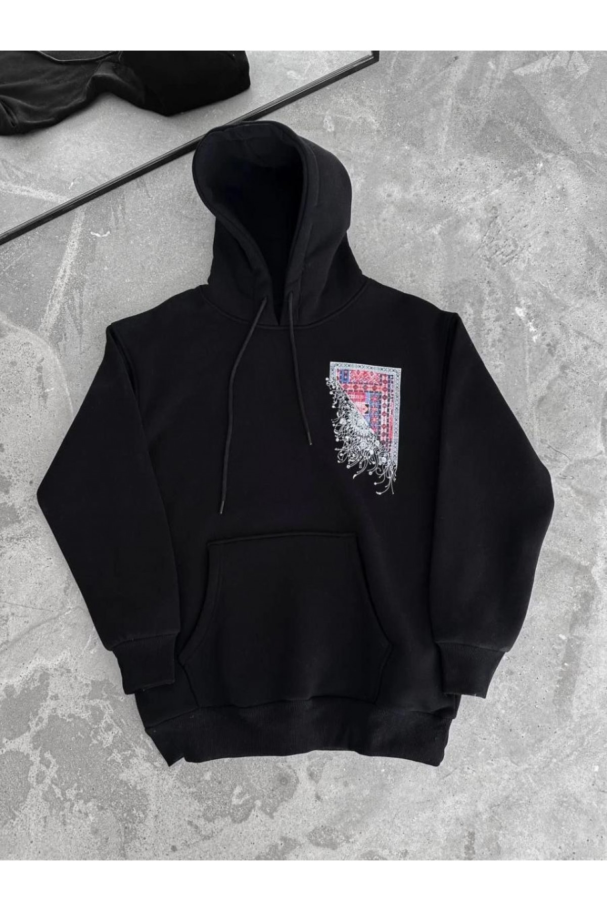 Erkek Kapüşonlu Kanguru Cepli Sweatshirt 3 İplik Pamuklu Baskılı Hoodie - Siyah
