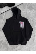 Erkek Kapüşonlu Kanguru Cepli Sweatshirt 3 İplik Pamuklu Baskılı Hoodie - Siyah
