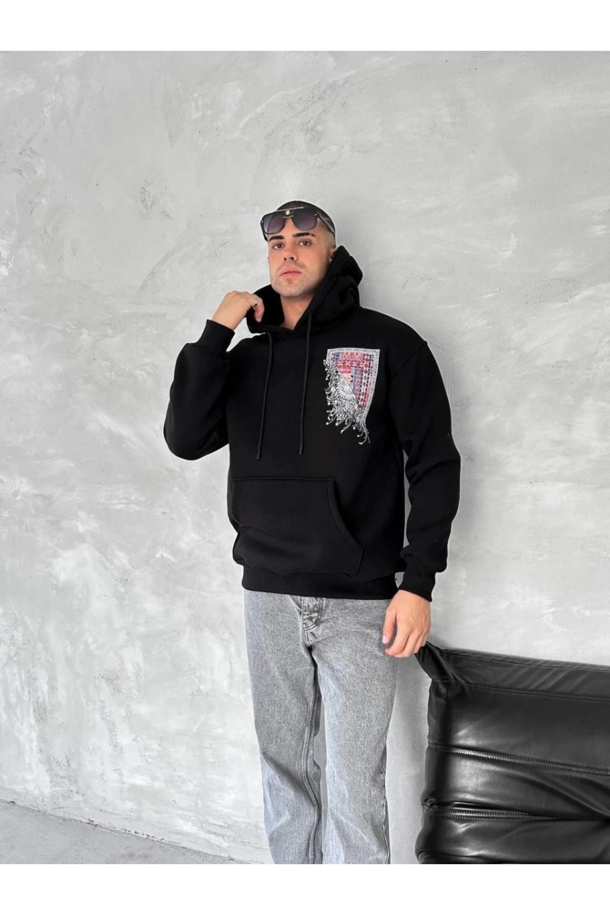 Erkek Kapüşonlu Kanguru Cepli Sweatshirt 3 İplik Pamuklu Baskılı Hoodie - Siyah