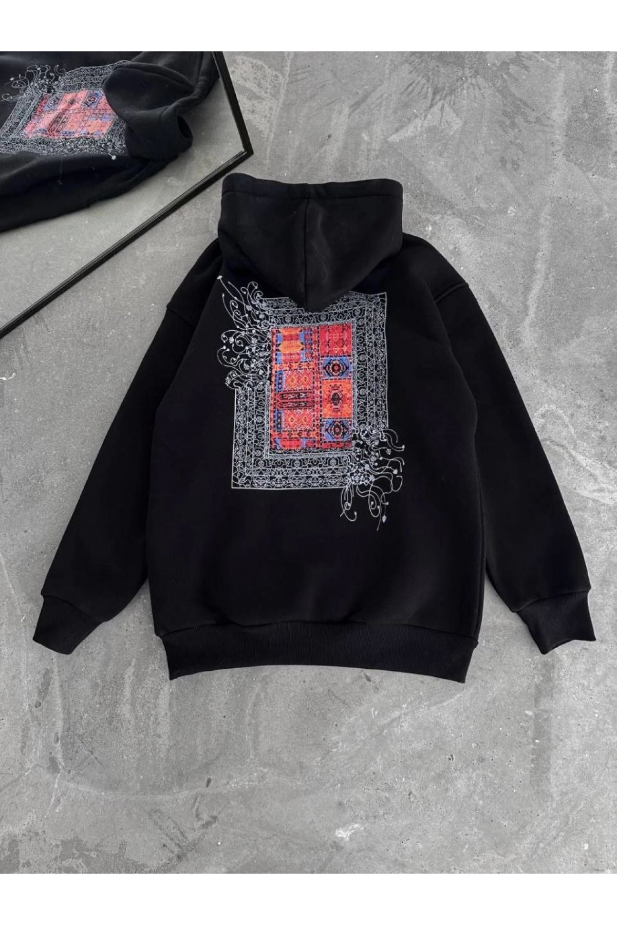 Erkek Kapüşonlu Kanguru Cepli Sweatshirt 3 İplik Pamuklu Baskılı Hoodie - Siyah