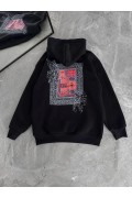 Erkek Kapüşonlu Kanguru Cepli Sweatshirt 3 İplik Pamuklu Baskılı Hoodie - Siyah