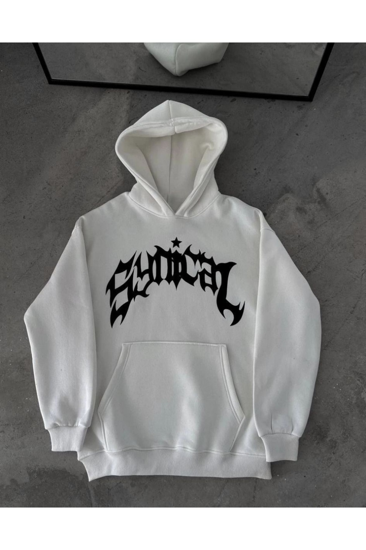 Erkek Kapüşonlu Kanguru Cepli Sweatshirt 3 İplik Pamuklu Baskılı Hoodie - Beyaz