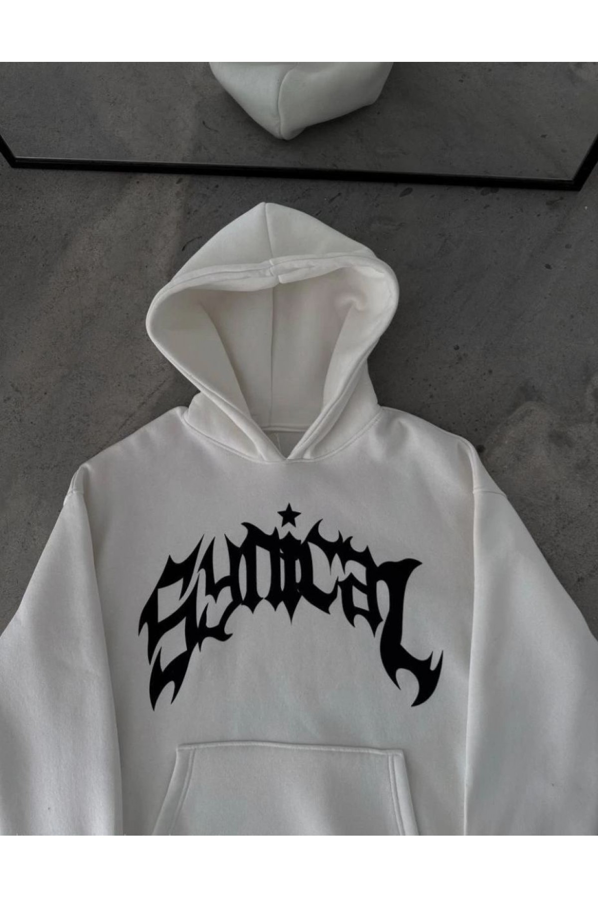 Erkek Kapüşonlu Kanguru Cepli Sweatshirt 3 İplik Pamuklu Baskılı Hoodie - Beyaz