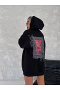 Kadın Kapüşonlu Kanguru Cepli Sweatshirt 3 İplik Pamuklu Baskılı Hoodie - Siyah