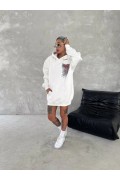 Kadın Kapüşonlu Kanguru Cepli Sweatshirt 3 İplik Pamuklu Baskılı Hoodie - Beyaz