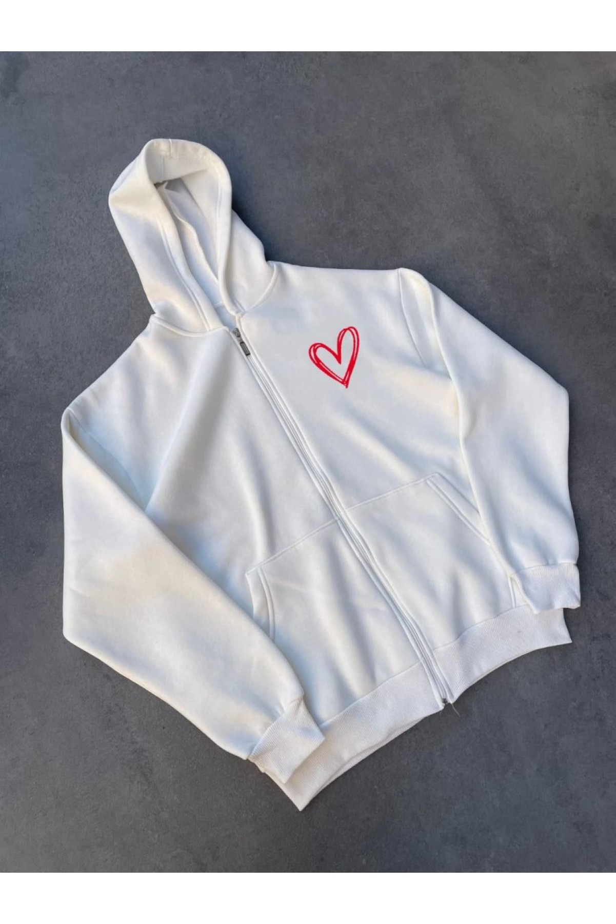 Kadın 3 İplik Pamuklu Fermuarlı Kapüşonlu Sweatshirt hoodie Hırka - Beyaz