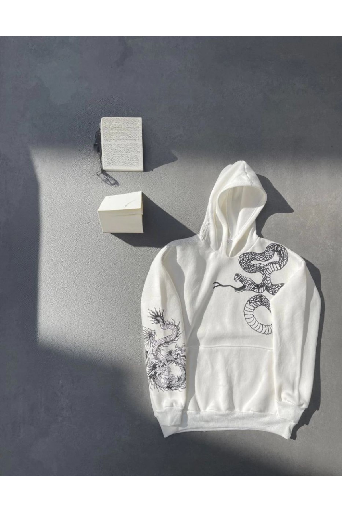 Kadın Oversize Kapüşonlu Kanguru Cepli Baskılı 3 İplik Pamuklu Sweatshirt Hoodie -   Beyaz
