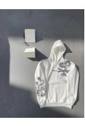 Kadın Oversize Kapüşonlu Kanguru Cepli Baskılı 3 İplik Pamuklu Sweatshirt Hoodie -   Beyaz